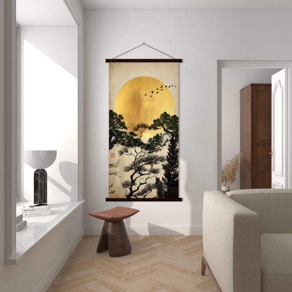 Japanese Pine Tree Branches Golden Sun Print, Canvas Oriental Asian Landscape Watercolor SumiE Minimal Zen Feng Shui Decor Eco Friendly Gift