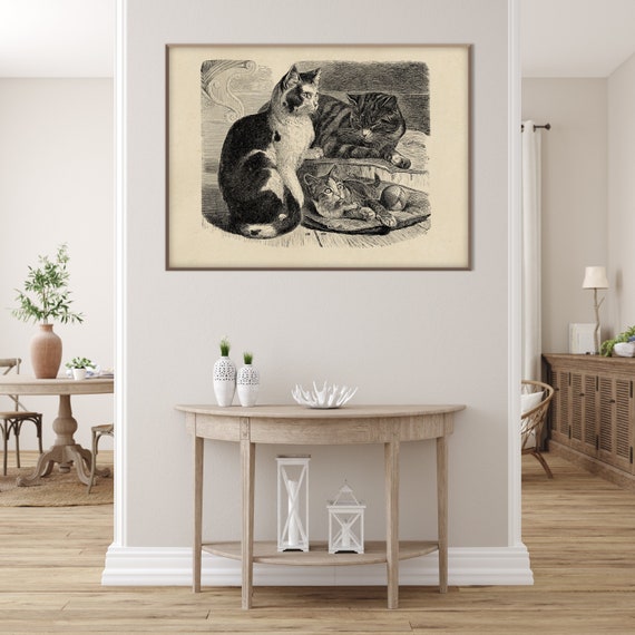 Vintage Domestic Cats Print, Feline Kittens Lithography Engraving Illustration XIX Century Monochrome Decor Housewarming Eco Friendly Gift