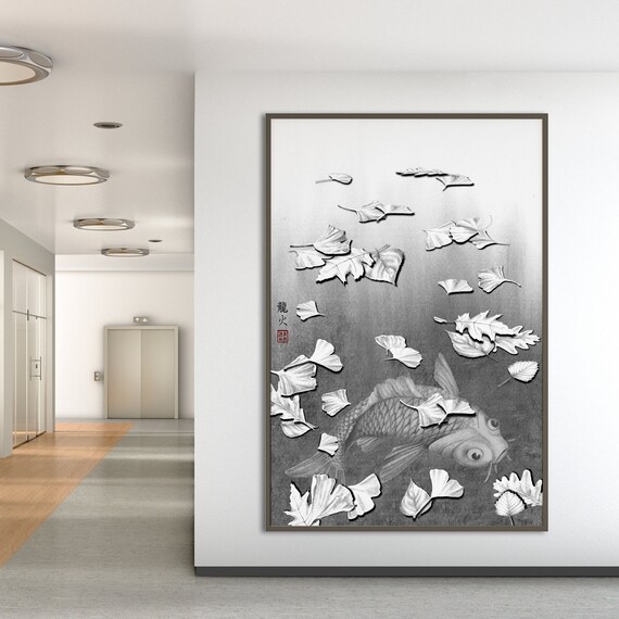 Carp Koi Poster Print, Oriental Charcoal Carp Gingko Leaf wall Japanese Gyotaku Style Scroll Eco Friendly Gift Minimal Zen Feng Shui Decor