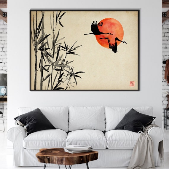 Japanese Sumi E Red Cranes Rising Sun Bamboo Print, Oriental Landscape Ink Watercolor Asian Minimal Zen Feng Shui Decor Eco Friendly Gift