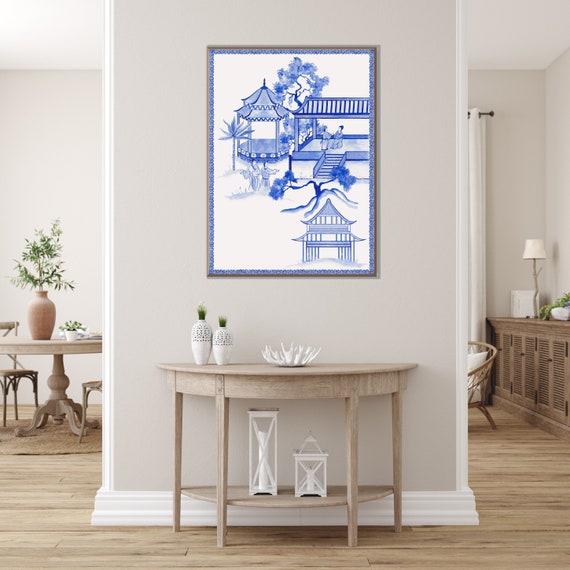 Oriental Temple Print, Asian Chinoiserie Blue and White Wall Art Chinese Art Modern Minimal Decor Housewarming Eco Friendly Gift Her Him