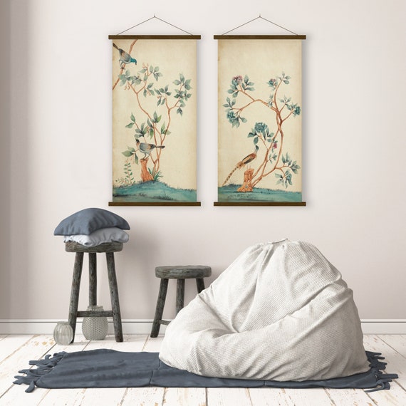 Set of Two Oriental Birds Flowers Print, Asian Peonies Branches Watercolor Green Blue Scroll Chinoiserie decor Feng Shui Eco Friendly Gift