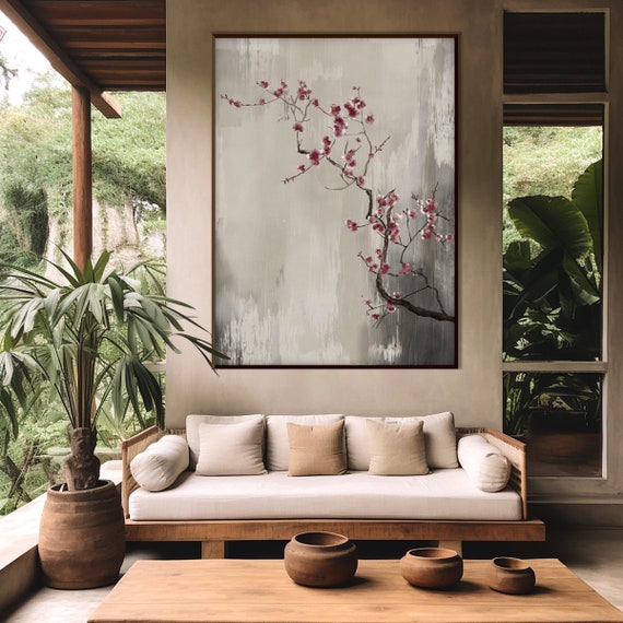 Japanese Sakura Cherry Blossom Sunset Print, Oriental Asian Landscape Watercolor Scroll Minimal Zen Feng Shui Room Decor Eco Friendly Gift