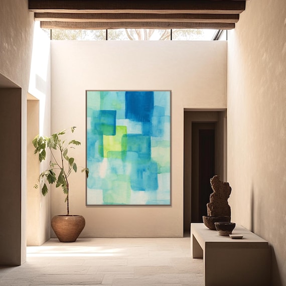 Abstract Watercolor Cubism Blue Print, Cyan Wall Art Minimal Watercolor Modern Turquoise Living Room Decor Eco Friendly Gift Housewarming