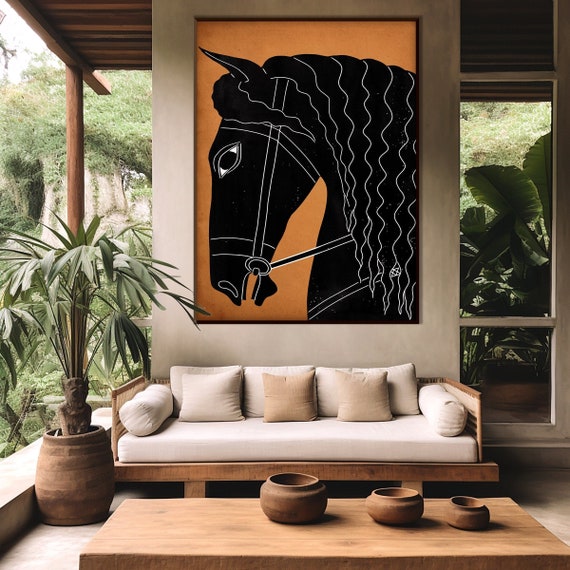 Ancient Greek Style Horse Art Print, Ethnic Decor Black Orange Classic Greek Style Boho Minimal Room Decor Housewarming Eco Friendly Gift