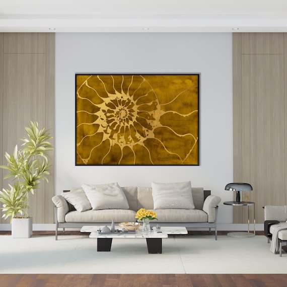 Ammonites Fossil Nautilus Shell Print, oversized Spiral Prints Ochre Wall Art Beach Nautical decor Eco Friendly Housewarming Gift Her Him