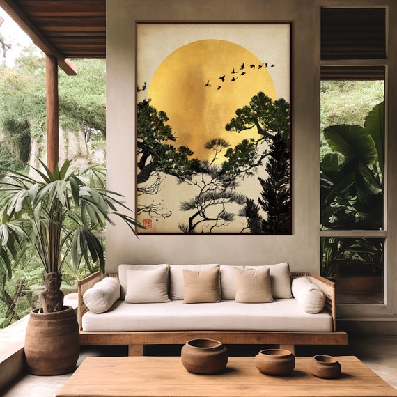 Japanese Pine Tree Branches Moon Print,Oriental Asian Botanical Landscape Ink Watercolor SumiE Minimal Zen Feng Shui Decor Eco Friendly Gift