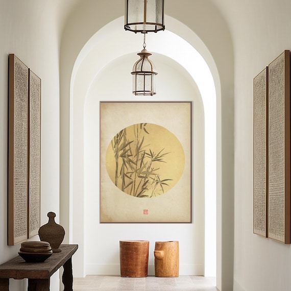 Zen Bamboo Wall Art Print, Asian Minimalist Botanical Artwork with Soft Earth Tones, Calm Japanese Inspired Decor Housewarming Gift Her Him