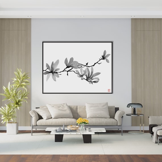 Japanese Sumi E Magnolia Print, Asian Oriental Ink Watercolor Wall Minimal Zen Feng Shui Room Decor Housewarming Eco Friendly Gift