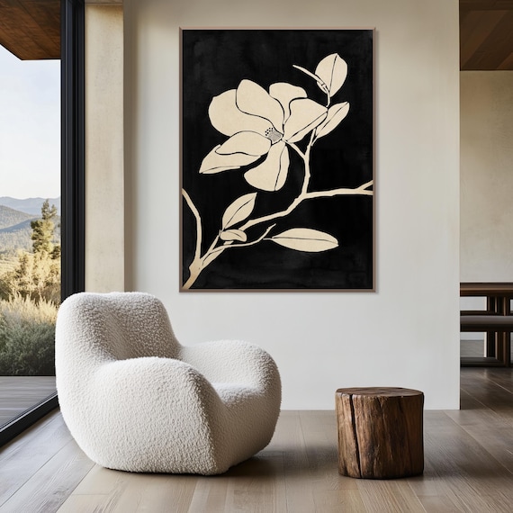 Magnolia Flower Wall Art Print, Neutral Botanical Illustration on Black Background, Minimalist Floral Decor for Modern Home