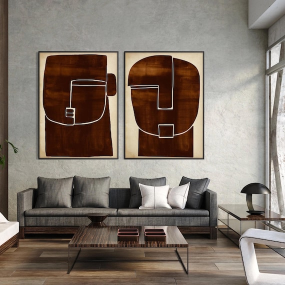 Abstract Modern Wall Art Set of 2, Brown Neutral Contemporary Prints Minimalist Organic Shapes, Mid Century Modern Home Decor Housewarming
