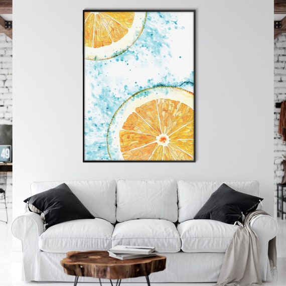 Orange Fruit Wall Art Poster Print, Mediterranean Watercolor Citric Turquoise Eco Friendly Housewarming Gift Restaurant Kitchen Decor