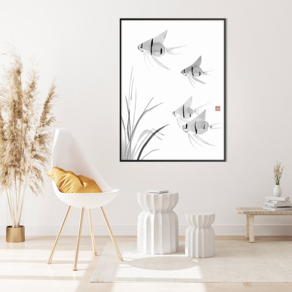 Angel Fish Sumi E Art Watercolor Poster Print, Japanese Gyotaku Style Black White Zen Wall Art Feng Shui Eco Friendly Gift Minimal Decor