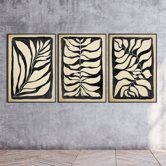 Set of Three Leaves Watercolor Print,Botanic Art Nordic Style Black Beige Eco Friendly Art Gift Scandinavian Art Modern Minimal Boho decor