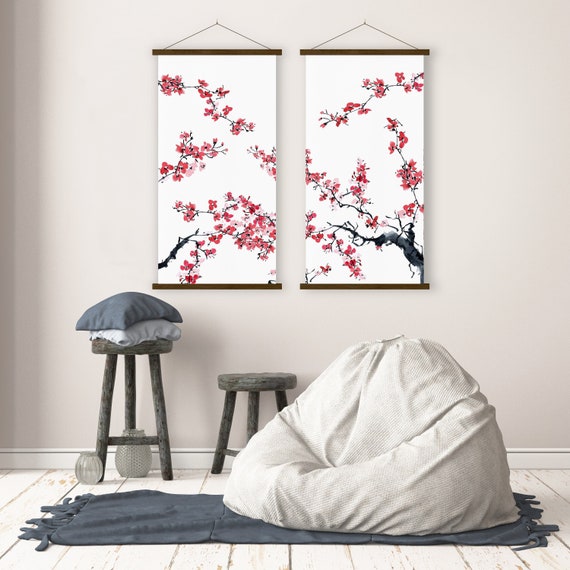 Set of Two Japanese Sakura Cherry Blossom Wall Art Print, Oriental Watercolor Zen Feng Shui Bedroom Housewarming Eco Friendly Gift Asian Art