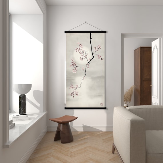 Japanese Sakura Cherry Blossom Sunset Canvas Print, Oriental Asian Landscape Watercolor Scroll Minimal Zen Feng Shui Decor Eco Friendly Gift