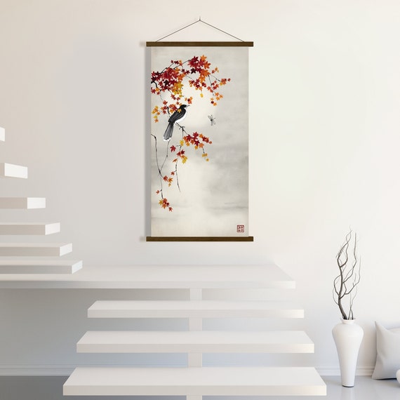 Japanese Maple Branches Bird Sunset Print,Oriental Asian Landscape Watercolor Scroll Minimal Zen Feng Shui Wall Room Decor Eco Friendly Gift