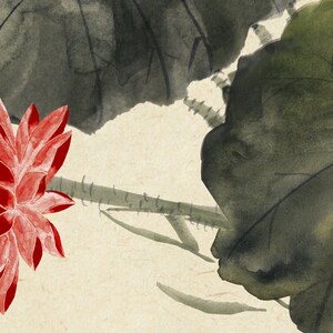 May include: Watercolor painting of a red lotus flower and large green leaves. The artwork has a traditional Asian style, with soft brushstrokes and a muted color palette. The background is a light beige.