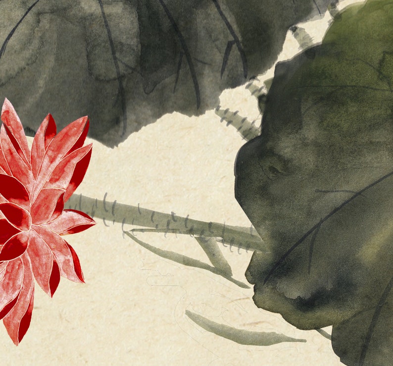 May include: Watercolor painting of a red lotus flower and large green leaves. The artwork has a traditional Asian style, with soft brushstrokes and a muted color palette. The background is a light beige.