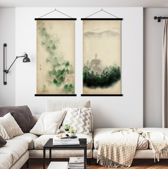 Set of Two Pavilion Temple Village Landscape Print, Asian Japanese Scroll Ink Watercolor Minimal decor Zen Feng Shui Eco Friendly Gift