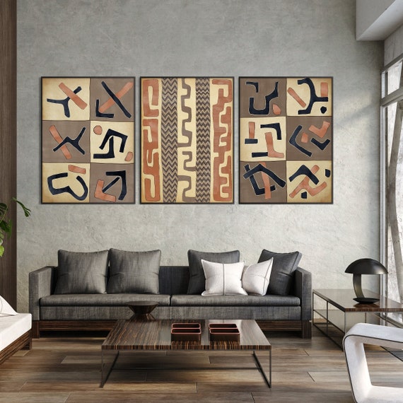 Set of Three African Art Print, Ethnic Tribal Black Beige Terracotta Wall Art Tribal Minimal Boho Room decor Housewarming Eco Friendly Gift