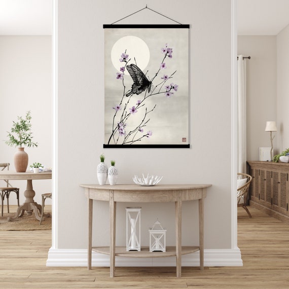 Japanese Sakura Cherry Blossom Butterfly Print, Papillio Bianor Oriental Asian Watercolor Minimal Zen Feng Shui Decor Eco Friendly Gift