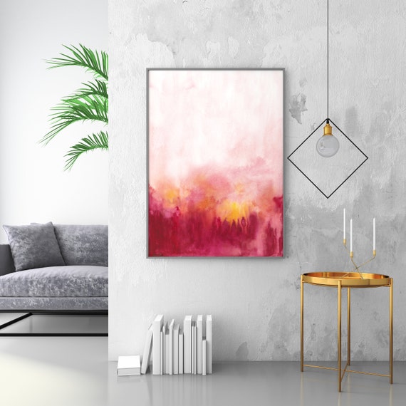 Abstract Watercolor Poster Print, Contemporary Minimal Watercolor Modern Magenta Orange Yellow Living Room Decor Eco Friendly Gift