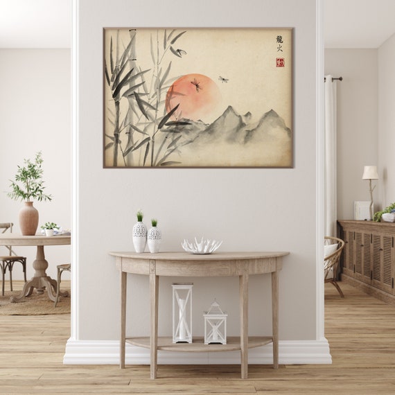 Japanese Bamboo Dragonflies Print, Oriental Asian Rising Sun Mountains Watercolor SumiE Feng Shui Zen Wall Eco Friendly Gift Minimal decor
