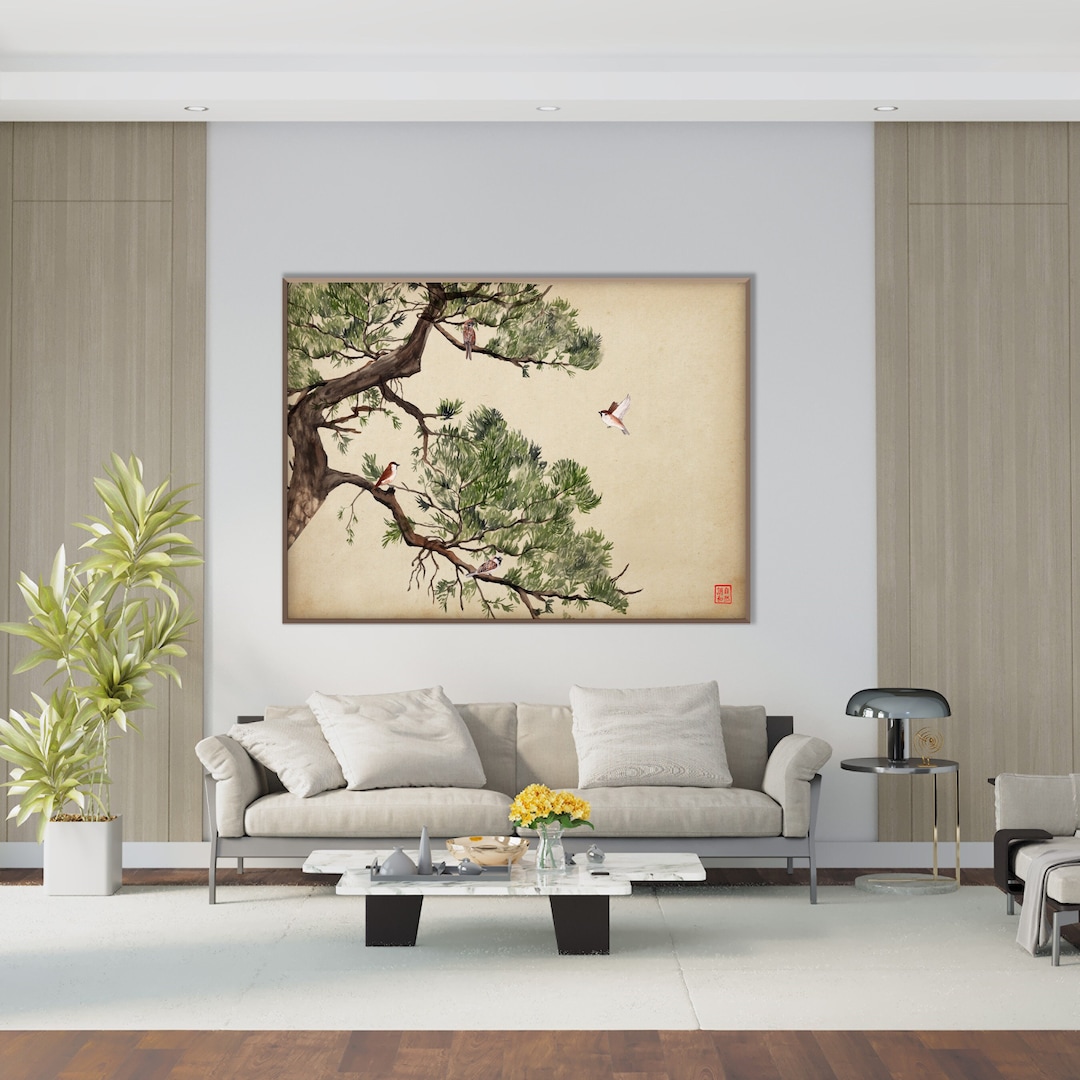 Japanese Pine Tree and Sparrows Print, Oriental Asian Landscape Ink ...