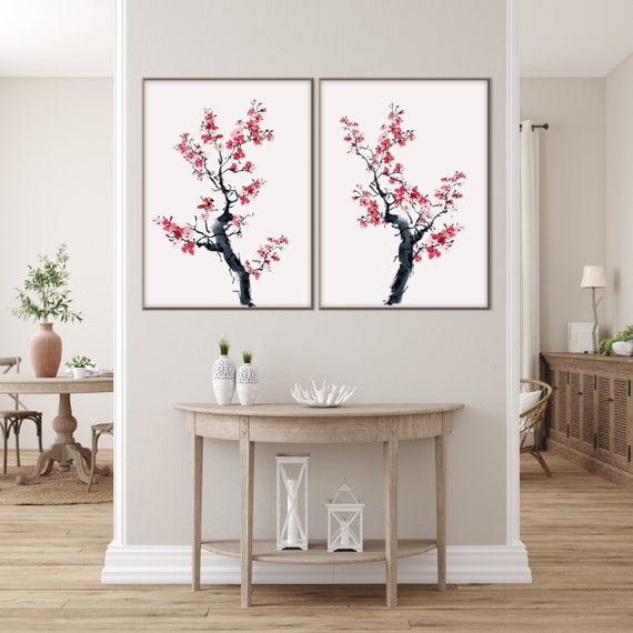 Set of Two Sakura Cherry Blossom Tree Print, Botanical Asian Landscape Oriental Floral Zen Feng shui Minimal decor Eco Friendly Gift