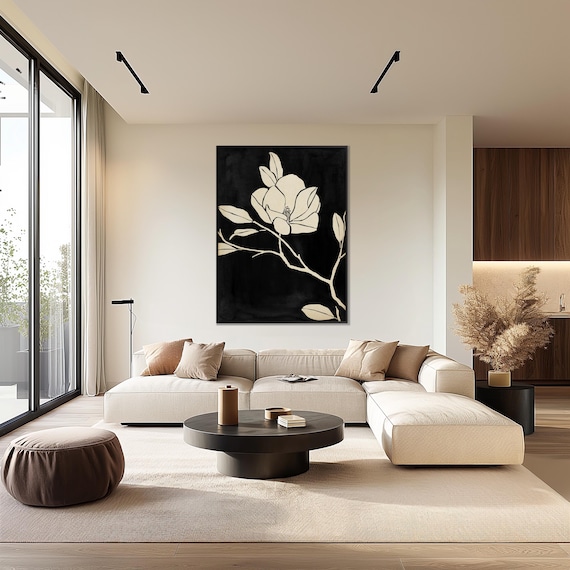 Magnolia Flower Wall Art Print, Neutral Botanical Illustration on Black Background, Minimalist Floral Decor for Modern Home