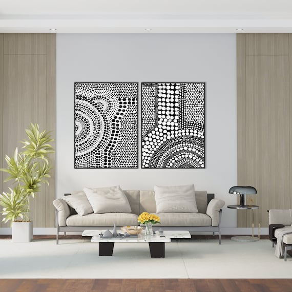 Set of Two Black Clustered Dots Wall Print, Aboriginal Inspiration Minimal Modern Livingroom Decor Eco Friendly Art Gift Oversized Poster