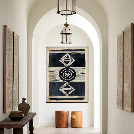 African Pattern Art Print, Ethnic Afro American Art Black Beige Geometric Tribal Style Boho Minimal Decor Housewarming Eco Friendly Gift