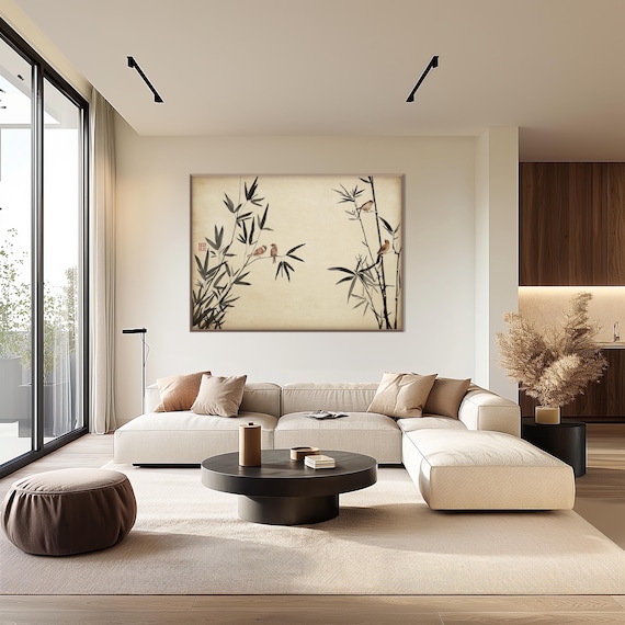 Japanese Sparrows Bamboo Print, Oriental Asian Landscape Ink Watercolor SumiE Minimal Zen Feng Shui Decor Housewarming Eco Friendly Gift