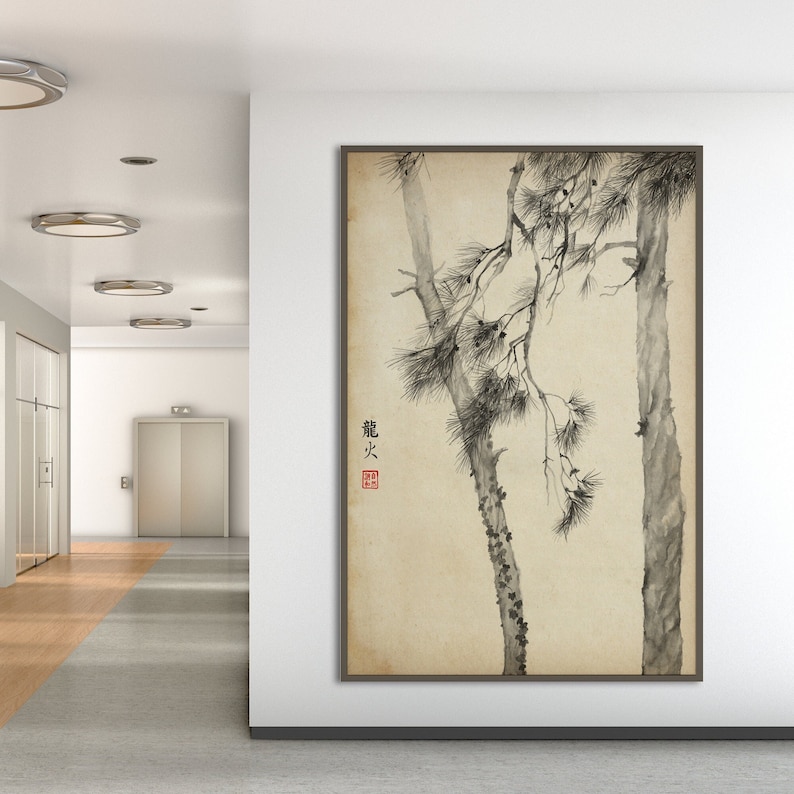 Japanese Sumi E Pine Tree Branches Print, Oriental Asian Landscape Ink ...