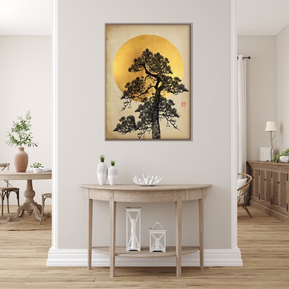 Japanese Pine Tree Branches Moon Print,Oriental Asian Botanical Landscape Ink Watercolor SumiE Minimal Zen Feng Shui Decor Eco Friendly Gift