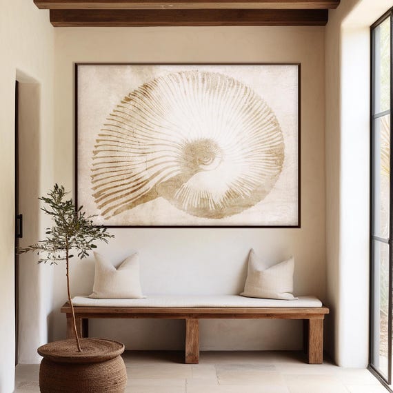 Ammonite Fossil Macrocephalites Wall Art Print, Neutral Earth Tone Coastal Decor, Organic Modern Natural History Spiral Artwork