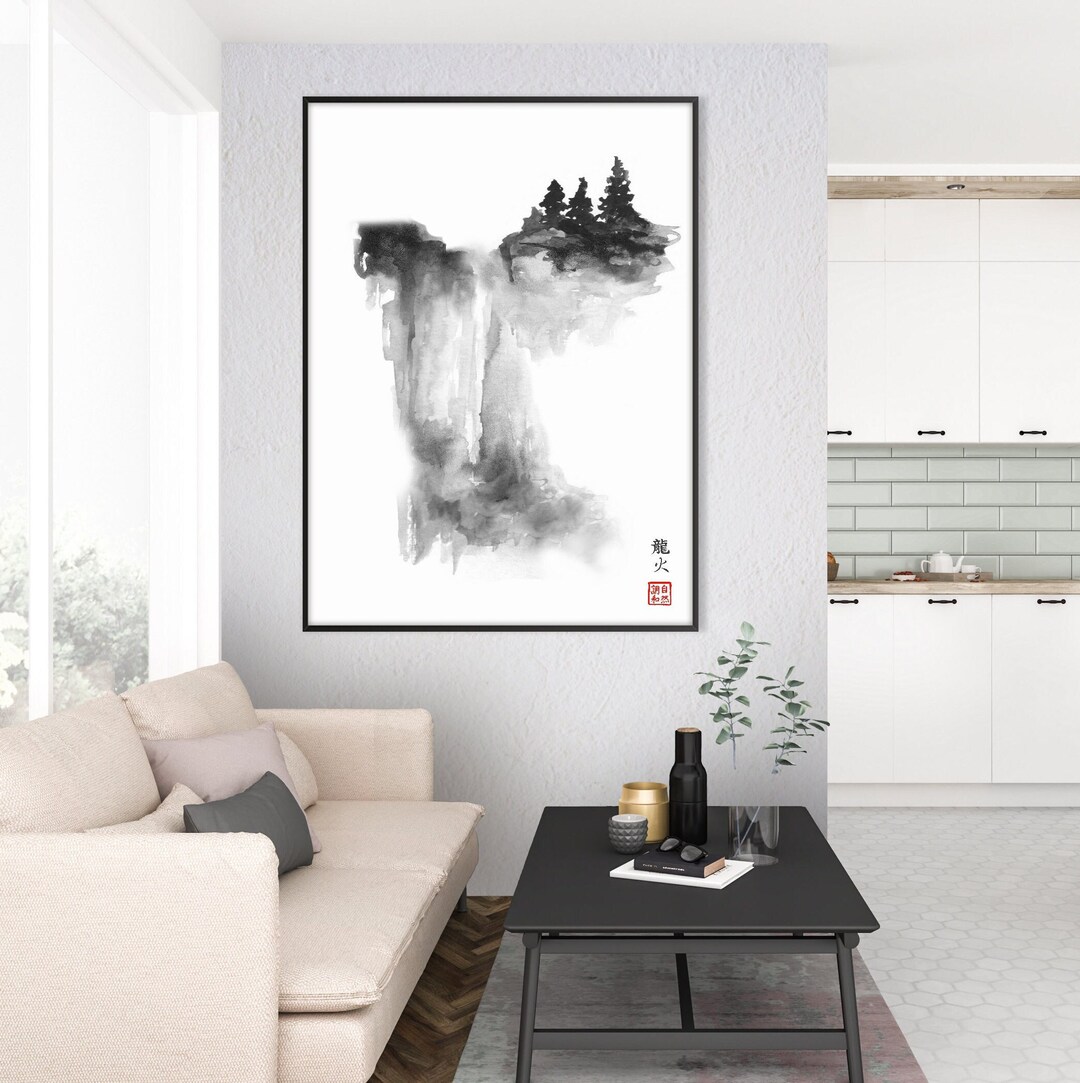 Japanese Sumi E Waterfall Mountain Trees Print, Japanese Asian Scroll