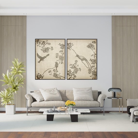 Set of Two Oriental Birds Flowers Print, Asian Cherry Blossom Branches Neutral Colors Scroll Chinoiserie decor Feng Shui Eco Friendly Gift