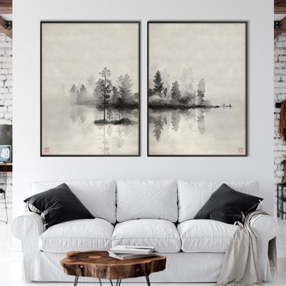 Set of Two Japanese Oriental Trees Mist Landscape Print, Monochrome Ink Watercolor Minimal decor Zen Feng Shui wall Asian Eco Friendly Gift