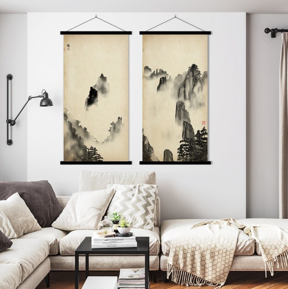 Set of Two Mountain Guilin Landscape Print, Old Paper Background Ink Watercolor Scroll Asian Minimal decor Zen Feng Shui Eco Friendly Gift