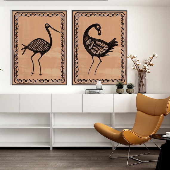 Set of Two African Style Bird Sankofa Art Print, Terracotta Ethnic Tribal Print Minimal Modern Boho decor Housewarming Eco Friendly Gift