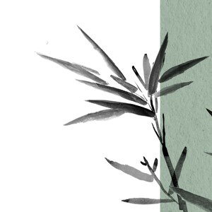 May include: Black ink painting of bamboo leaves on a white background with a green textured background on the right side of the image.