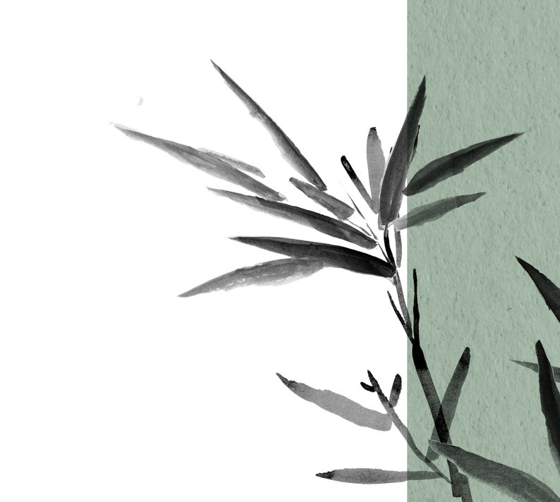 May include: Black ink painting of bamboo leaves on a white background with a green textured background on the right side of the image.