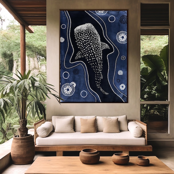 Whale Shark Australian Aboriginal Style Art Print, Indigenous Ethnic Tribal Print Minimal Modern Boho decor Housewarming Eco Friendly Gift