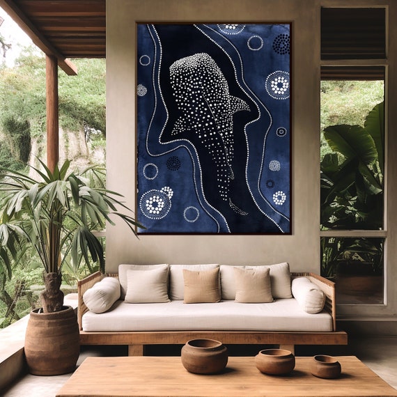 Whale Shark Australian Aboriginal Style Art Print, Indigenous Ethnic Tribal Print Minimal Modern Boho decor Housewarming Eco Friendly Gift