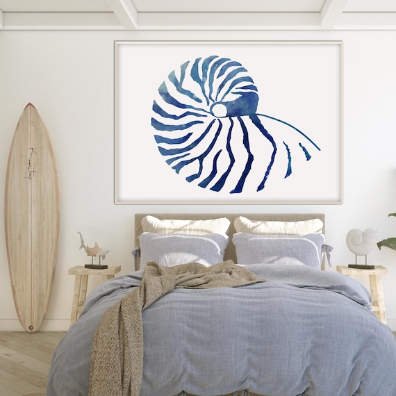 Nautilus Shell Print, oversized Wild Life Prints Blue Gold Wall Art Beach Nautical decor Eco Friendly Housewarming Gift Her Him