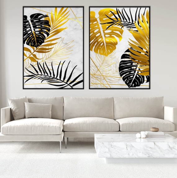 Set of Two Tropical Leaves Poster Print, Nordic Botanical Monstera Banana Palm Leaf Black Gold Living Room Beach Decor Eco Friendly Gift