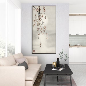 Japanese Sakura Cherry Blossom Water Sunset Print, Oriental Asian Landscape Watercolor Scroll Minimal Zen Feng Shui Decor Eco Friendly Gift image 3