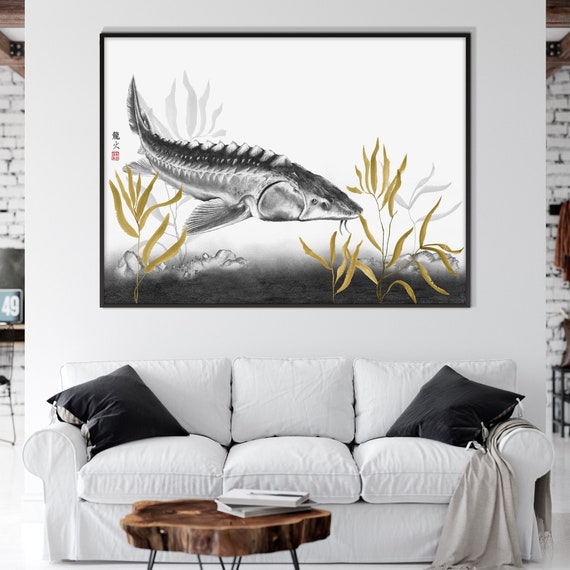 Sturgeon Acipenser Fish Watercolor Poster Print, Japanese Gyotaku Style Black White Seaweed Eco Friendly Gift Her Him Minimal Nautical Decor